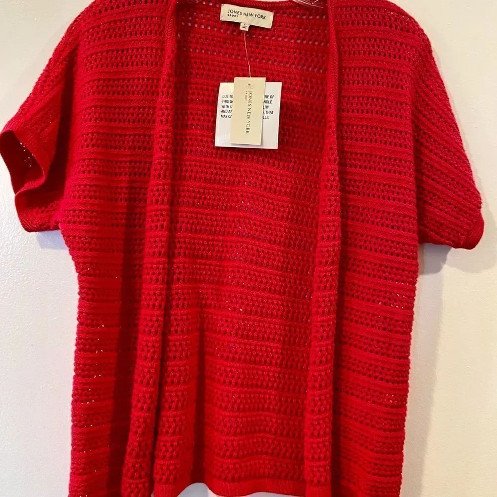 Jones New York Sport Open Knit Cardigan Rapsbererry S/Sleeve Women’s Sz Sm NWT.